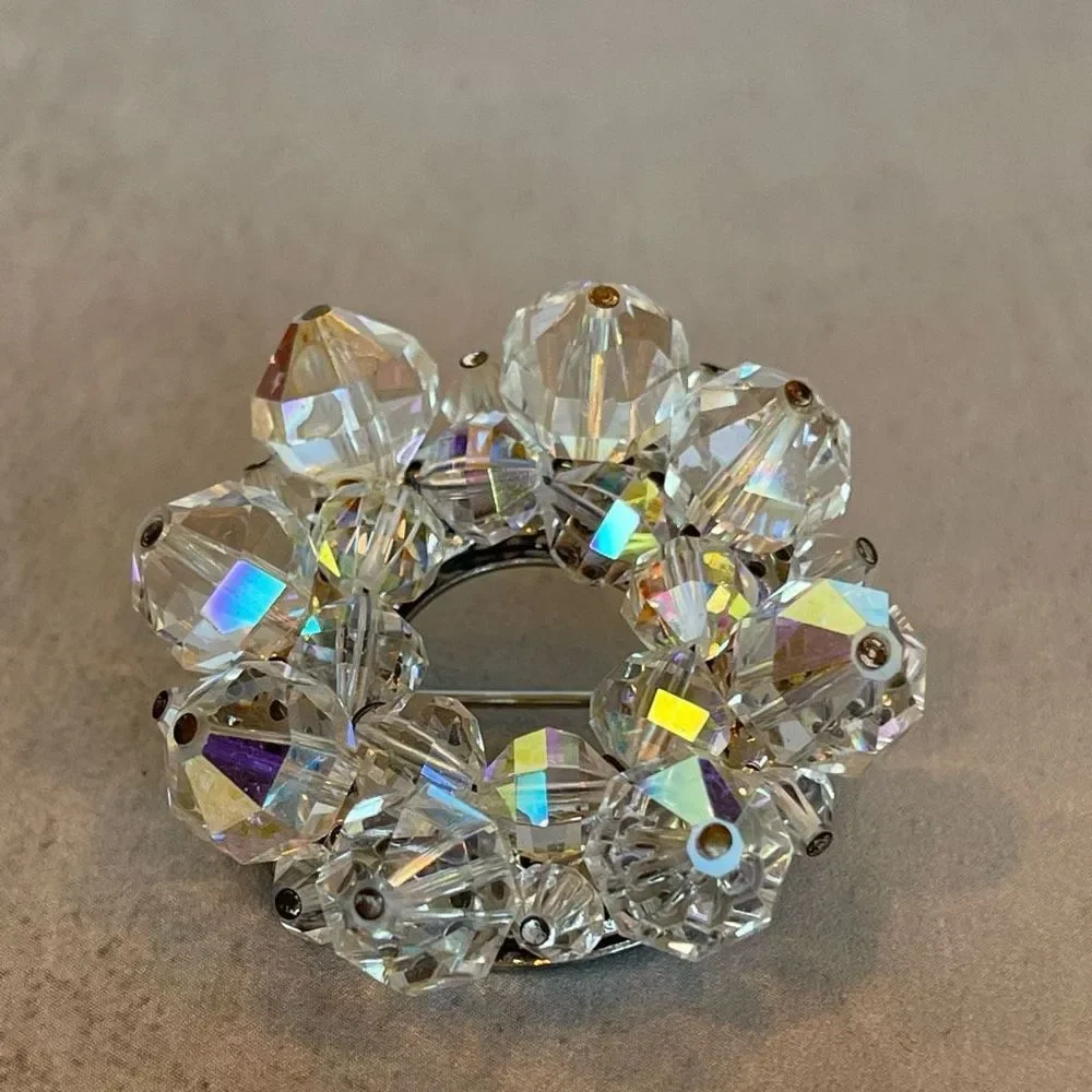 Vintage AB Crystal Bead Circle Brooch Pin 50’s